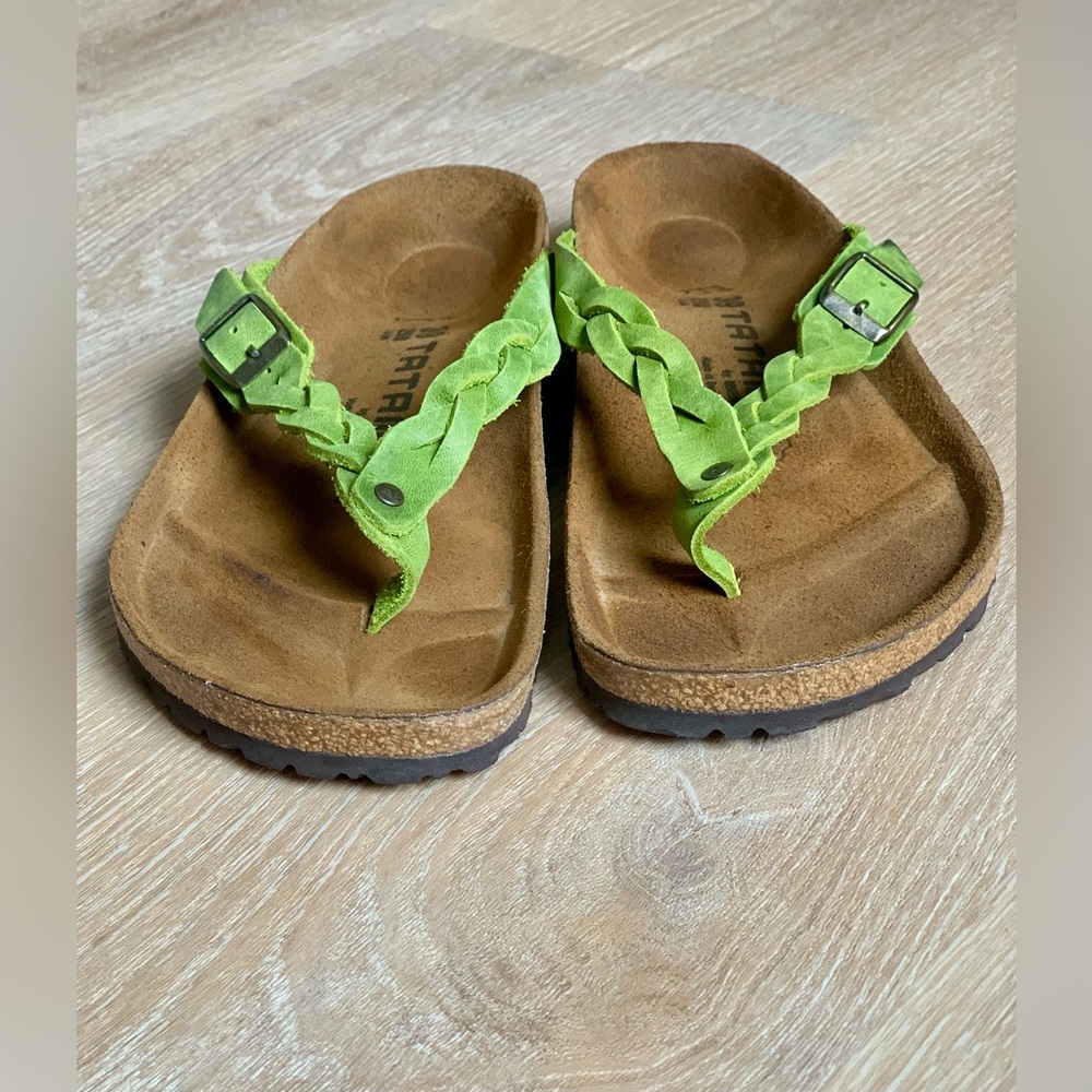 Birkenstock Braided Lime Green Leather Thong Sandals - Picture 11 of 13